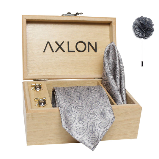 Axlon Men's Micro Polyester Printed Necktie Set with Pocket Square, Brooch Pin and Cufflinks (Grey, Free Size)