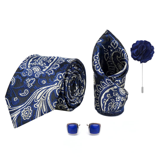 Axlon Men's Paisley Micro Wooven Silk Necktie Gift Set With Pocket Square Cufflinks & Brooch Pin Tie for Men Formal Tie Set with Box (Pack of 4) (AX11_11, Navy Blue)