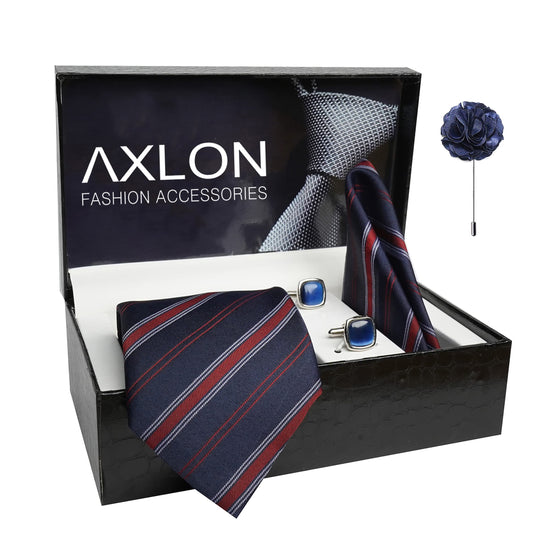 AXLON Mens Plaid Stripped Silk Necktie Gift Set With Pocket Square Cufflinks & Brooch Pin Tie For Men Formal With Leatherite Box (S6RX Free Size) | (Leather Gift Box) (Pack of 4)