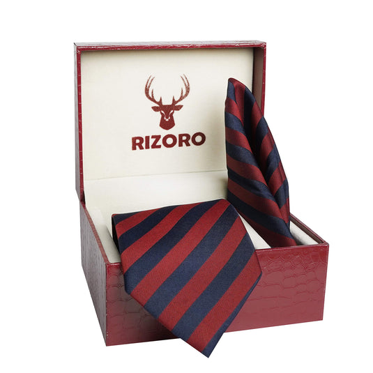 RIZORO Mens Plaid Stripped Silk Necktie Tie Gift Set With Pocket Square & Brooch Pin Formal Tie Set (S3RS, Free Size)