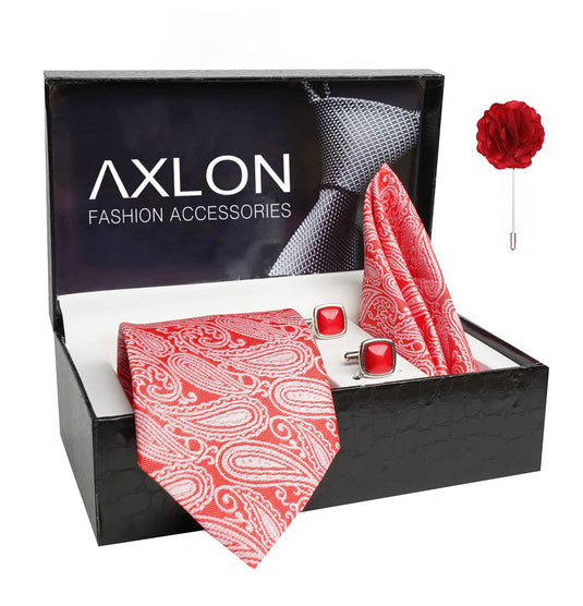 AXLON Mens Plaid Pasiley Silk Necktie Gift Set With Pocket Square Cufflinks & Brooch Pin Tie For Men Formal With Leatherite Box (AMBI5RX Free Size) | (Leather Gift Box) (Pack of 4)