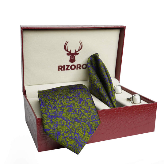 RIZORO Mens Plaid Pasiley Silk Necktie Tie Gift Set With Pocket Square, Cufflinks & Brooch Pin Formal Tie With Leatherite Box (PARRB, Free Size)