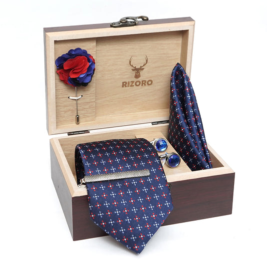 RIZORO Mens Plaid Micro Self Silk Blue Necktie Gift Set With Pocket Square Cufflinks Brooch Pin Men Tie Clip Formal Tie With Wooden Box For Gifting (RW_54, Free Size)