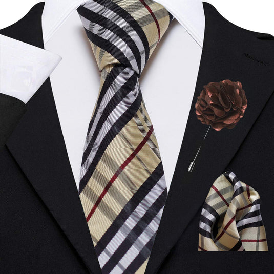 Axlon Men's Micro Polyester Checkered Necktie Set with Pocket Square and Brooch Pin (Beige, Free Size)