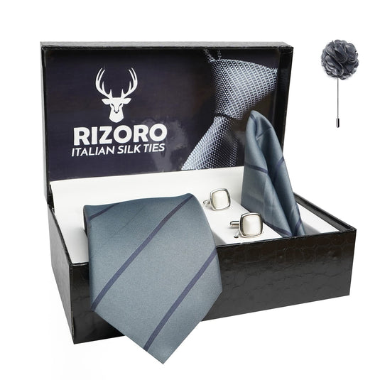 RIZORO Mens Plaid Stripped Silk Necktie Gift Set With Pocket Square Cufflinks & Brooch Pin Formal Tie With Leatherite Box (S2RX Free Size) | (Leather Gift Box) (Pack of 4)