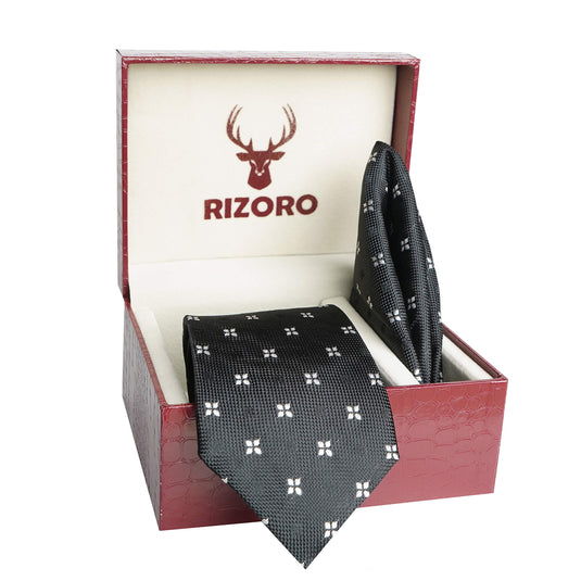 RIZORO Mens Plaid Dotted Silk Necktie Tie Gift Set With Pocket Square & Brooch Pin Formal Tie Set (4D2RS, Free Size)