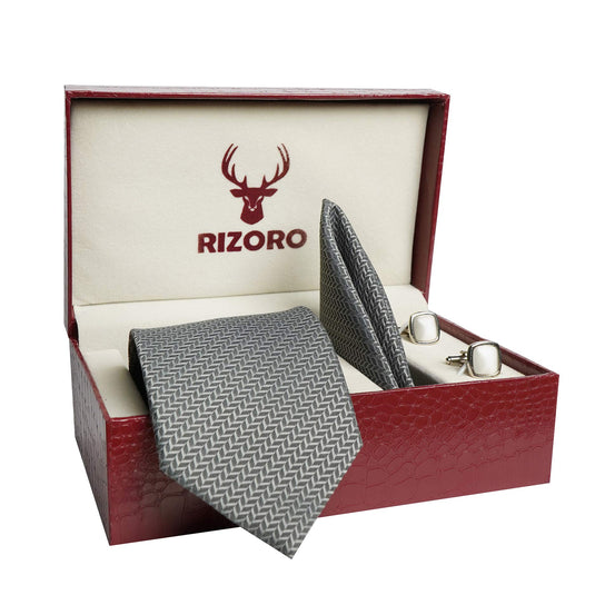 AXLON Mens Plaid Micro Self Silk Necktie Tie Gift Set With Pocket Square, Cufflinks & Brooch Pin Formal Tie With Leatherite Box (SIDIRB, Free Size)