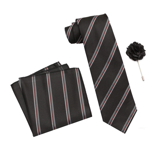 RIZORO Mens Plaid Stripped Silk Necktie Tie Gift Set With Pocket Square & Brooch Pin Formal Tie Set (S6RS, Free Size)