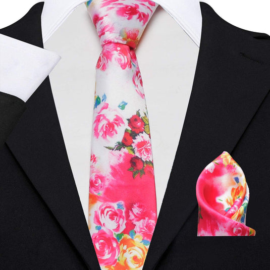 Axlon Men's Micro Polyester Floral Necktie Set with Pocket Square and Brooch Pin (Pink ,Free Size)