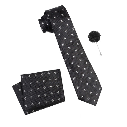 RIZORO Mens Plaid Dotted Silk Necktie Tie Gift Set With Pocket Square & Brooch Pin Formal Tie Set (4D2RS, Free Size)