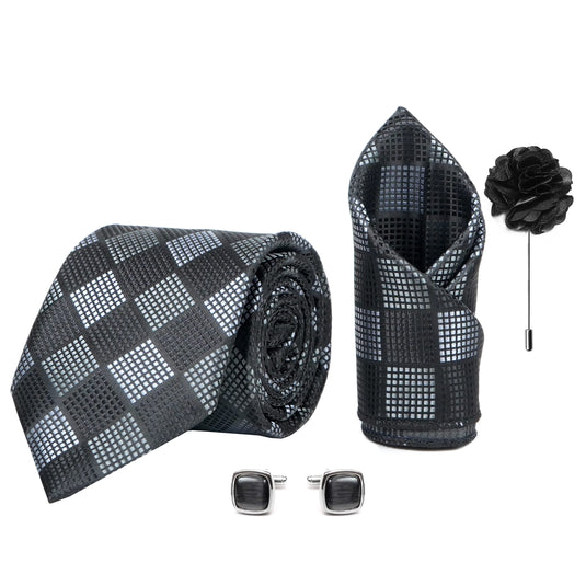 Axlon Men's Check Micro Wooven Silk Necktie Gift Set With Pocket Square Cufflinks & Brooch Pin Tie for Men Formal Tie Set with Box (Pack of 4) (AX11_1, Black)