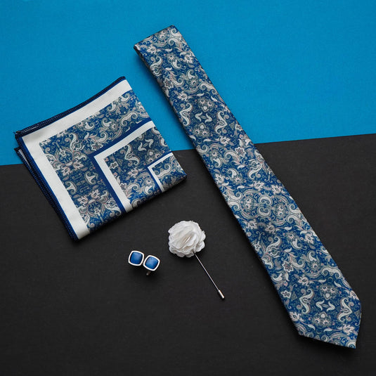 RIZORO Sky Blue Mens Paisley Micro Print Silk Necktie Gift Set With Pocket Square Cufflinks & Brooch Pin Formal Tie With Wooden Box Free Size | (Wooden Gift Box ) (Pack of 4) (RPL_48)