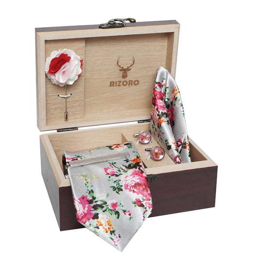 RIZORO Mens Plaid Micro Self Silk Floral Grey Necktie Gift Set With Pocket Square Cufflinks Brooch Pin Men Tie Clip Formal Tie With Wooden Box For Gifting (RW_19, Free Size)