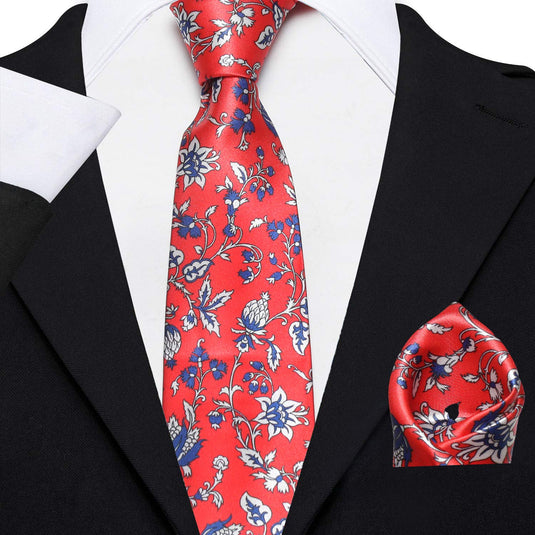 AXLON Men's Micro Polyester Floral Necktie Set with Pocket Square and Brooch Pin (Red ,Free Size)