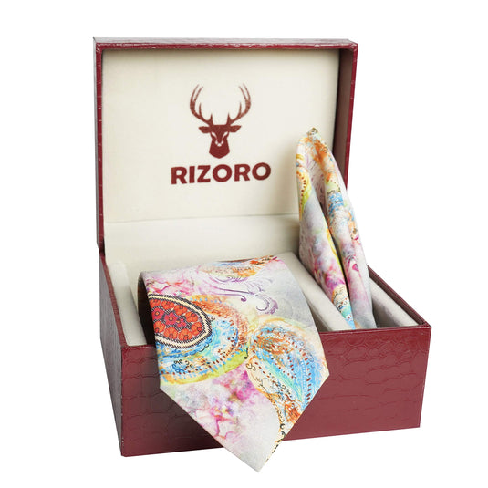 RIZORO Men Checkered Micro Fibre Necktie Gift Set With Pocket Square Cufflinks & Brooch Pin Formal Tie (Beige BURBGRB Free Size)