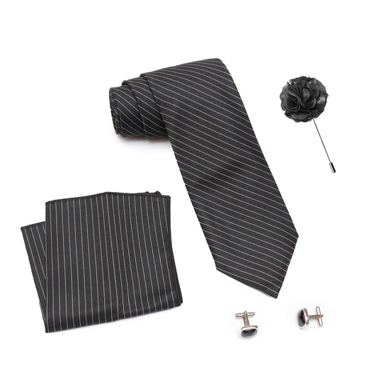 Axlon Men Formal/Casual Weaved Polyester Neck Tie Pocket Square Accessory Gift Set with Cufflinks and Brooch Pin - Black (Free Size, ltr_811)