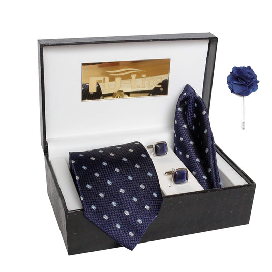 AXLO Men's Micro Polyester Necktie Set with Pocket Square, Brooch Pin and Cufflinks (Free Size)