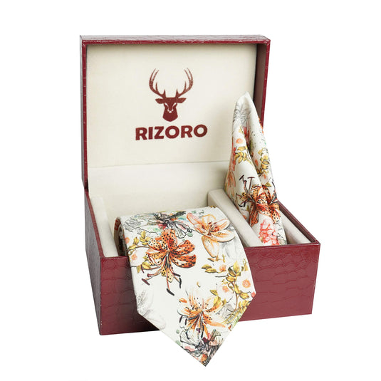 RIZORO Men Checkered Micro Fibre Necktie Gift Set With Pocket Square Cufflinks & Brooch Pin Formal Tie (Beige BURBGRB Free Size)