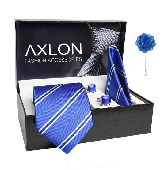 AXLON Mens Plaid Stripped Silk Necktie Gift Set With Pocket Square Cufflinks & Brooch Pin Tie For Men Formal With Leatherite Box (STRIPM3RX Free Size) | (Leather Gift Box) (Pack of 4)