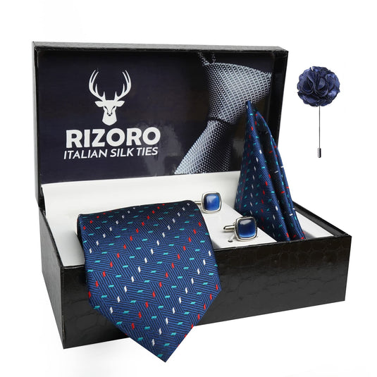 RIZORO Mens Plaid Dotted Silk Necktie Gift Set With Pocket Square Cufflinks & Brooch Pin Formal Tie With Leatherite Box (MICRA11RX Free Size) | (Leather Gift Box) (Pack of 4)