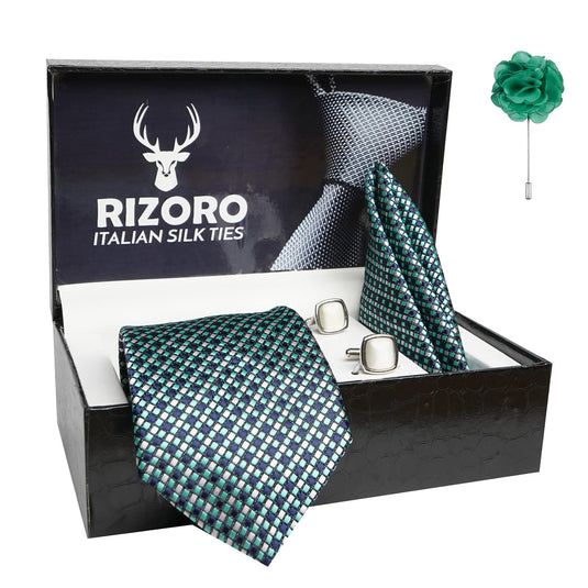 RIZORO Mens Plaid Dotted Silk Necktie Gift Set With Pocket Square Cufflinks & Brooch Pin Formal Tie With Leatherite Box (A14RX Free Size) | (Leather Gift Box) (Pack of 4)