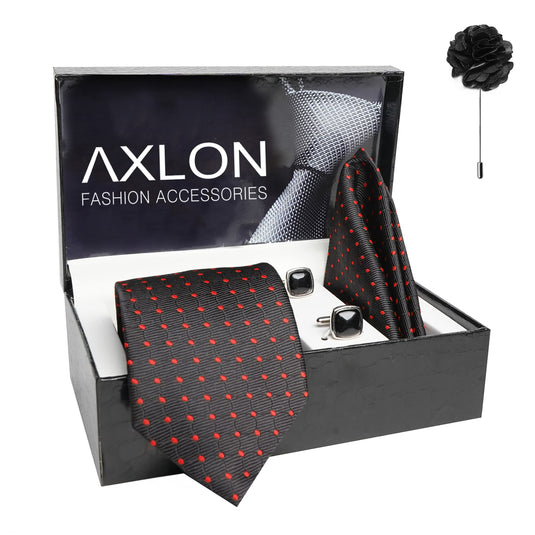 AXLON Mens Plaid Dotted Silk Necktie Gift Set With Pocket Square Cufflinks & Brooch Pin Tie For Men Formal With Leatherite Box (A12RX Free Size) | (Leather Gift Box) (Pack of 4)