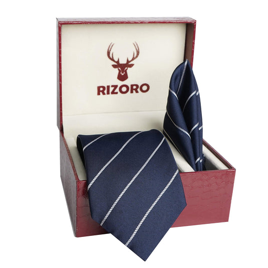 RIZORO Mens Plaid Stripped Silk Necktie Tie Gift Set With Pocket Square & Brooch Pin Formal Tie Set (S2RS, Free Size)