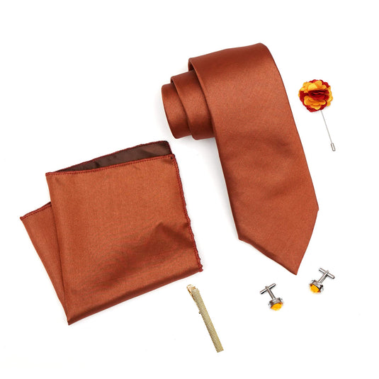 RIZORO Mens Plaid Micro Self Silk Solid Orange Necktie Gift Set With Pocket Square Cufflinks Brooch Pin Men Tie Clip Formal Tie With Wooden Box For Gifting (RW_49, Free Size)