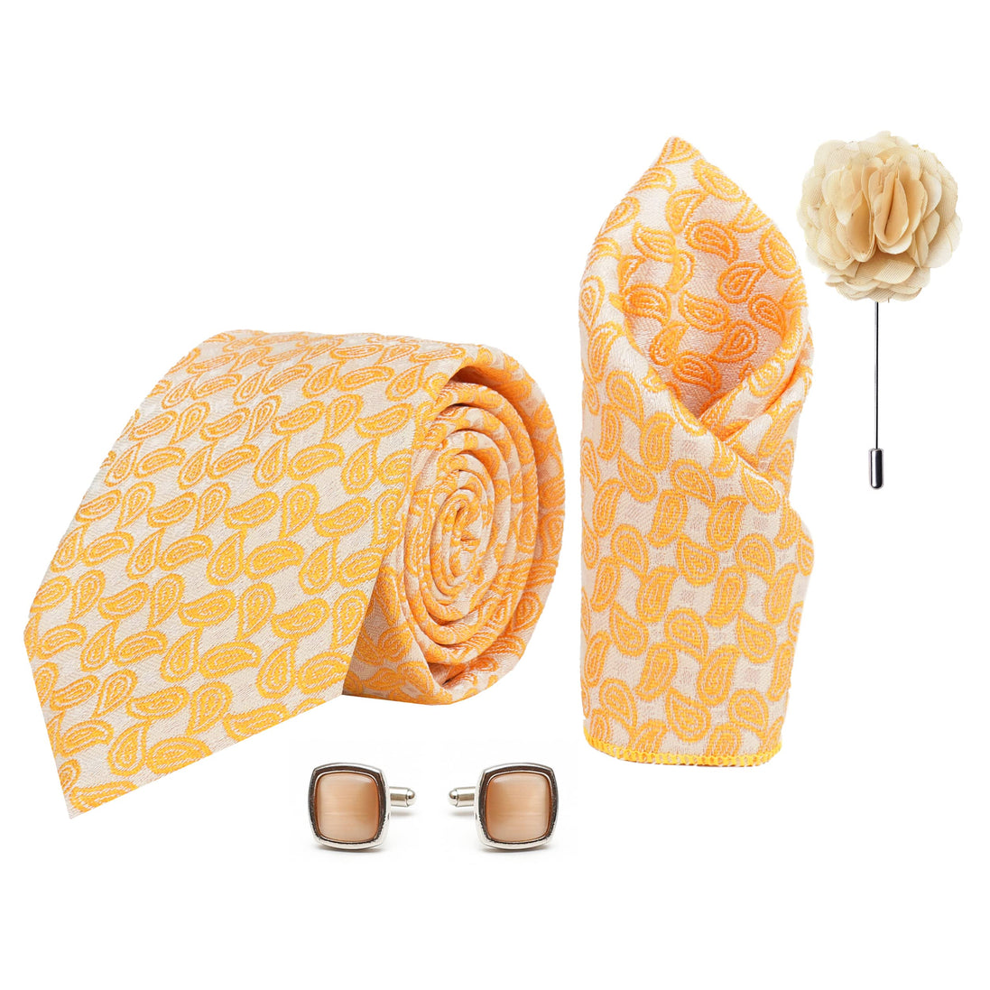 Axlon Mens Plaid Micro Self Silk Necktie Gift Set With Pocket Square Cufflinks & Brooch Pin Tie for Men Formal Tie Set with Box (Pack of 4) (Yellow, 2022AX_13)
