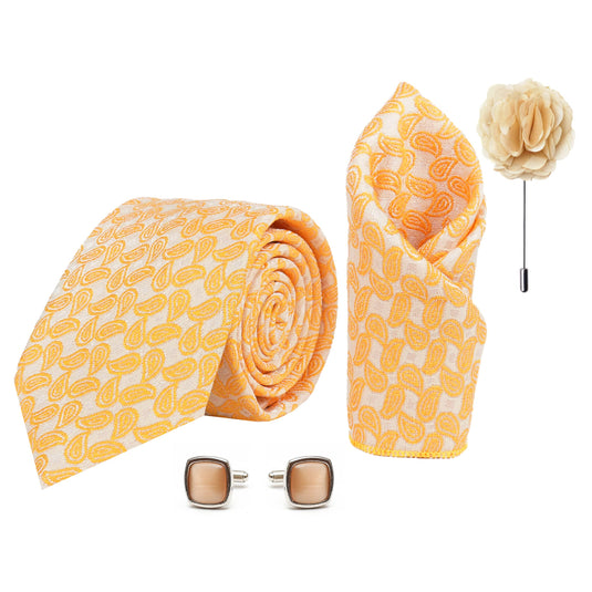 Axlon Mens Plaid Micro Self Silk Necktie Gift Set With Pocket Square Cufflinks & Brooch Pin Tie for Men Formal Tie Set with Box (Pack of 4) (Yellow, 2022AX_13)