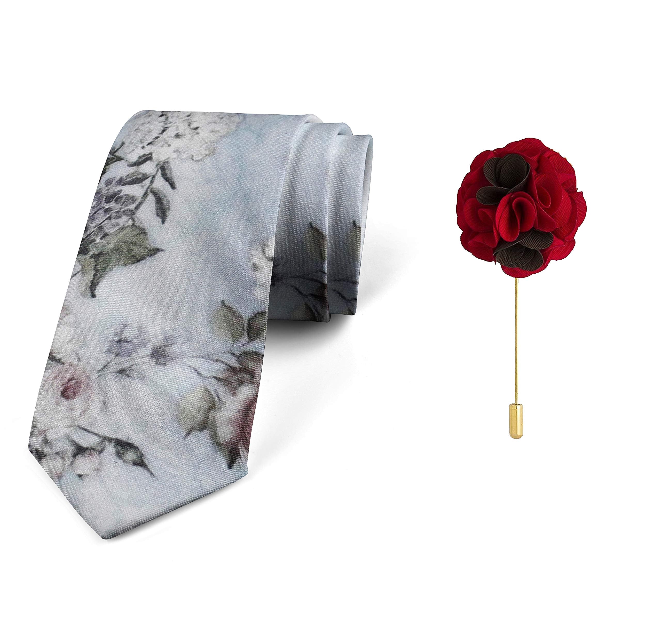 Axlon Men's Micro Polyester Floral Necktie Set with Pocket Square and Brooch Pin (Blue ,Free Size)