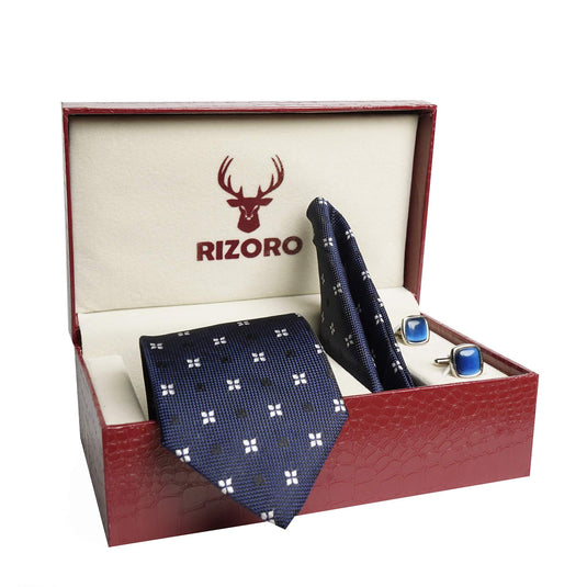 RIZORO Mens Plaid Dotted Silk Necktie Tie Gift Set With Pocket Square, Cufflinks & Brooch Pin Formal Tie With Leatherite Box (4D2RB, Free Size)