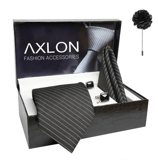 AXLON Mens Plaid Stripped Silk Necktie Gift Set With Pocket Square Cufflinks & Brooch Pin Tie For Men Formal With Leatherite Box (S1RX Free Size) | (Leather Gift Box) (Pack of 4)