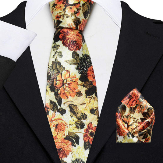 AXLON Men's Micro Polyester Floral Necktie Set with Pocket Square and Brooch Pin (Yellow ,Free Size)