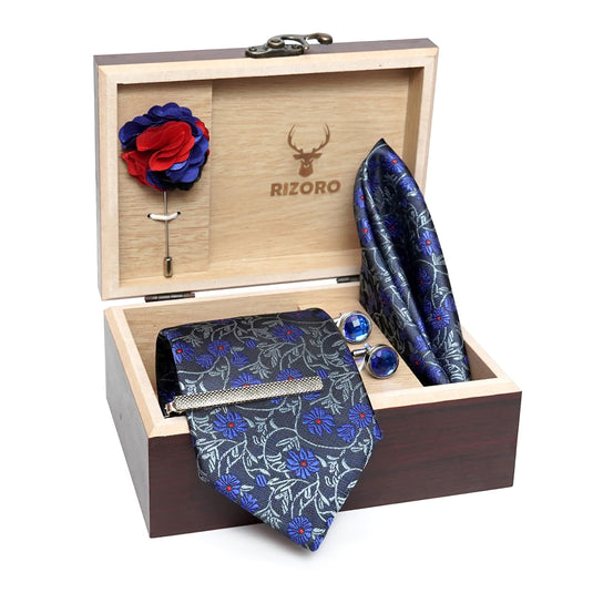 RIZORO Mens Plaid Micro Self Silk Floral Blue Necktie Gift Set With Pocket Square Cufflinks Brooch Pin Men Tie Clip Formal Tie With Wooden Box For Gifting (RW_16, Free Size)