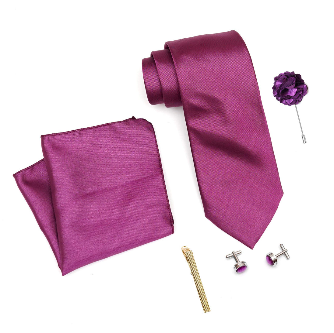 RIZORO Mens Plaid Micro Self Silk Solid Purple Necktie Gift Set With Pocket Square Cufflinks Brooch Pin Men Tie Clip Formal Tie With Wooden Box For Gifting (RW_50, Free Size)
