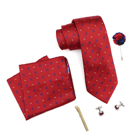 RIZORO Mens Plaid Micro Self Silk Red Necktie Gift Set With Pocket Square Cufflinks Brooch Pin Men Tie Clip Formal Tie With Wooden Box For Gifting (RW_11, Free Size)