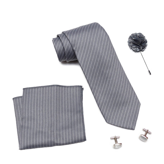 Axlon Men Formal/Casual Weaved Polyester Neck Tie Pocket Square Accessory Gift Set with Cufflinks and Brooch Pin - Grey (Free Size, ltr_803)