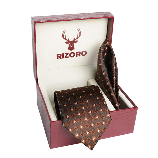 RIZORO Mens Plaid Dotted Silk Necktie Tie Gift Set With Pocket Square & Brooch Pin Formal Tie Set (M2BGRS, Free Size)