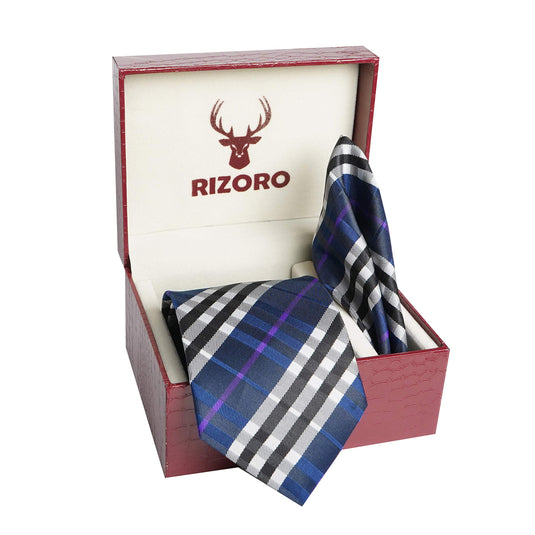 RIZORO Mens Plaid Checkered Silk Necktie Tie Gift Set With Pocket Square & Brooch Pin Formal Tie Set (Blue, BURBLRS, Free Size)