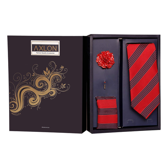 Axlon Men's Polyester Necktie Set with Pocket Square, Brooch Pin and Cufflinks (Free Size, Red)