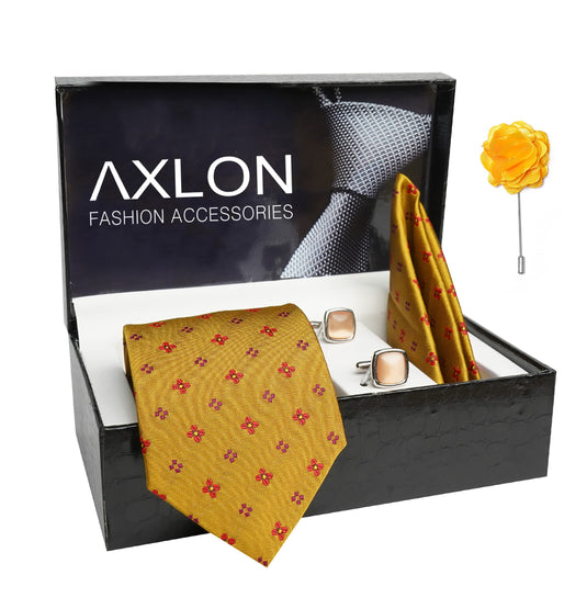 AXLON Mens Plaid Dotted Silk Necktie Gift Set With Pocket Square Cufflinks & Brooch Pin Tie For Men Formal With Leatherite Box (4D2RX Free Size) | (Leather Gift Box) (Pack of 4)