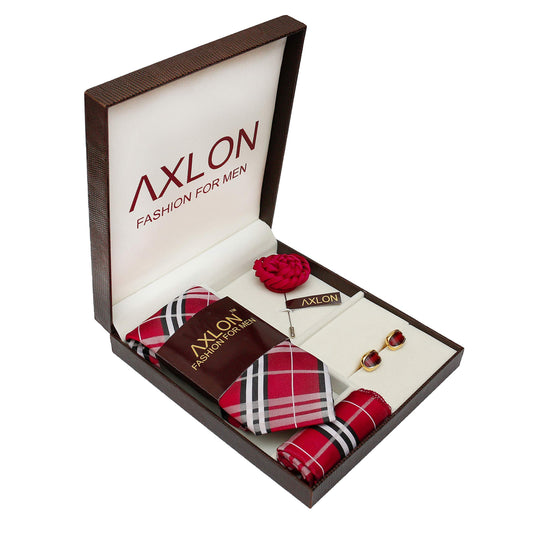 Axlon Men Silk Stain Resistant Check Print Neck Tie Accessory Gift Set- Magenta(Free Size)