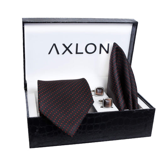 Axlon Men Formal/Casual Weaved Polyester Neck Tie Pocket Square Accessory Gift Set with Cufflinks and Brooch Pin - Black (Free Size, ltr_834)