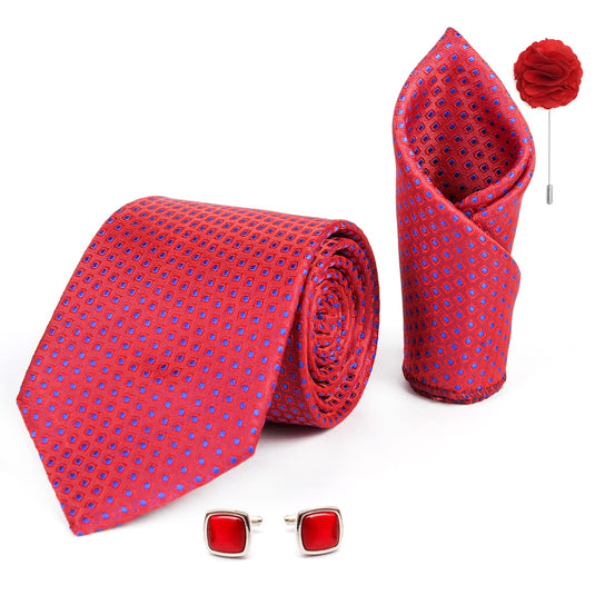 AXLON Mens Plaid Dotted Silk Necktie Gift Set With Pocket Square Cufflinks & Brooch Pin Tie For Men Formal With Leatherite Box (A12RX Free Size) | (Leather Gift Box) (Pack of 4)