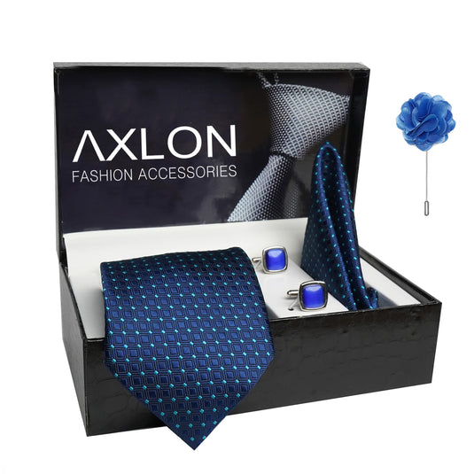 AXLON Mens Plaid Dotted Silk Necktie Gift Set With Pocket Square Cufflinks & Brooch Pin Tie For Men Formal With Leatherite Box (A13RX Free Size) | (Leather Gift Box) (Pack of 4)