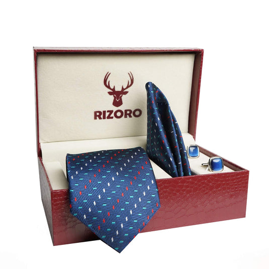 RIZORO Mens Plaid Dotted Silk Necktie Tie Gift Set With Pocket Square, Cufflinks & Brooch Pin Formal Tie With Leatherite Box (MICRA11RB, Free Size)