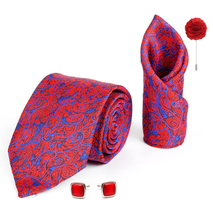AXLON Mens Plaid Pasiley Silk Necktie Gift Set With Pocket Square Cufflinks & Brooch Pin Tie For Men Formal With Leatherite Box (PARRX Free Size) | (Leather Gift Box) (Pack of 4)