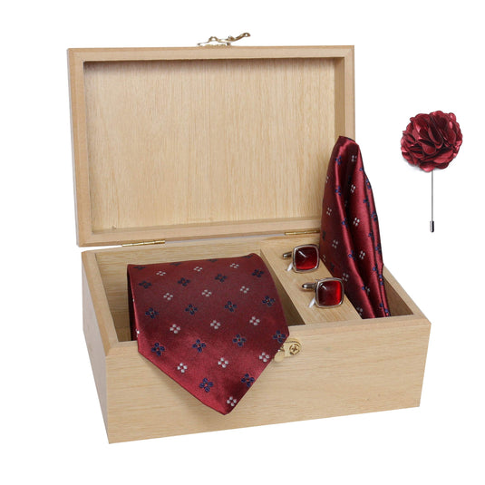 AXLON Men's Micro Polyester Necktie Set with Pocket Square, Brooch Pin and Cufflinks in Wooden Box (Free Size)