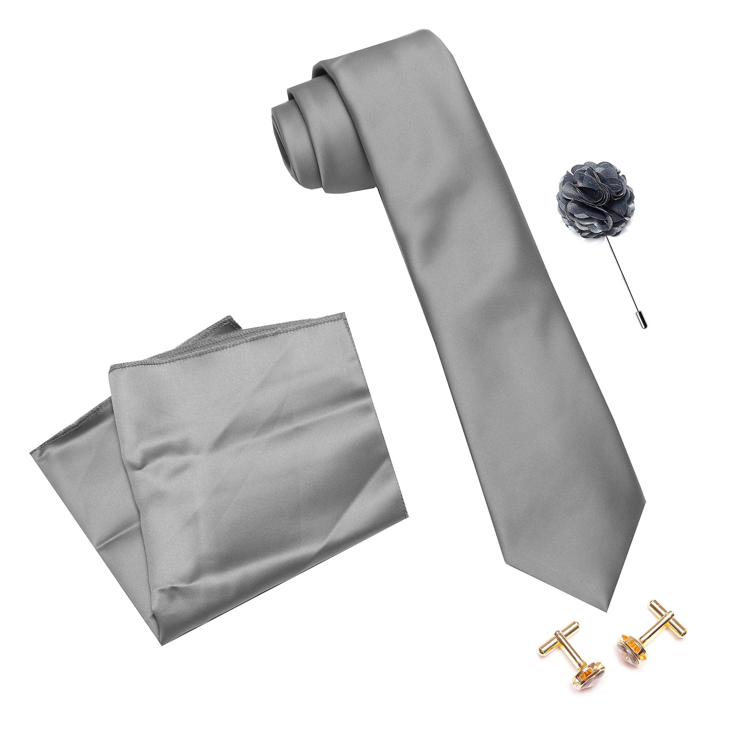 AXLONMen's Plain Micro Polyester Necktie Set with Pocket Square, Brooch Pin and Cufflinks (Free Size)